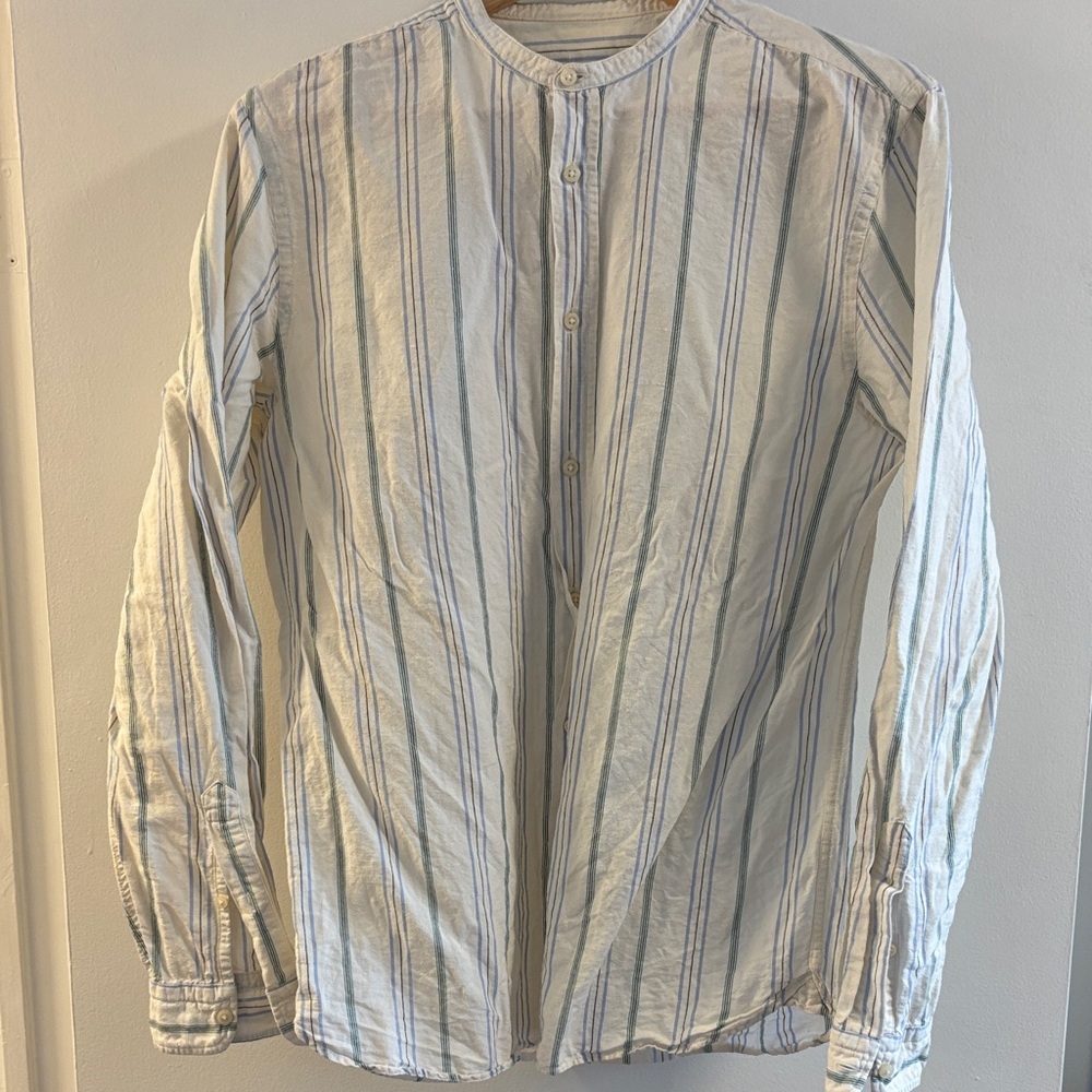 Zara Blue and White Striped Relaxed Fit Shirt